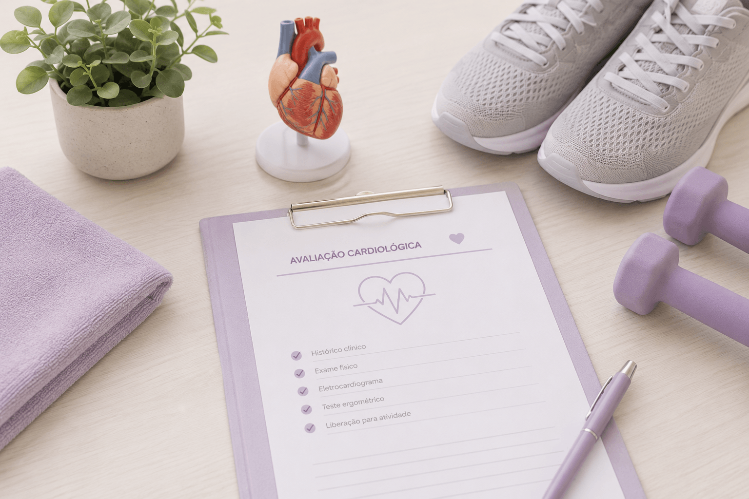 Ficha de avaliação cardiológica sobre a mesa, com os itens histórico clínico, exame físico e liberação para atividade, ao lado de um par de tênis, halteres e um modelo anatômico do coração.